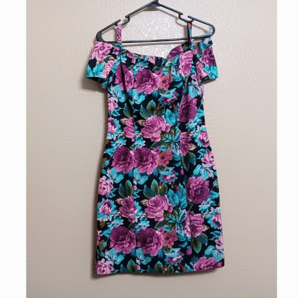 Bill Berman Jodi Schwartz Vintage Purple Blue Floral Off Shoulder Dress - Picture 1 of 4